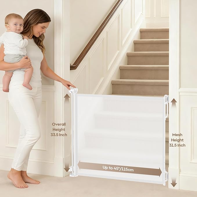 SPACEANY Retractable Safety Baby Gate or Mesh Dog Gate,Durable Portable Mesh Retractable Gate,Easy to Use for Stairs, Doorways, Hallways, Indoor, Outdoor, 33.5" Tall, Up to 45" Wide, White