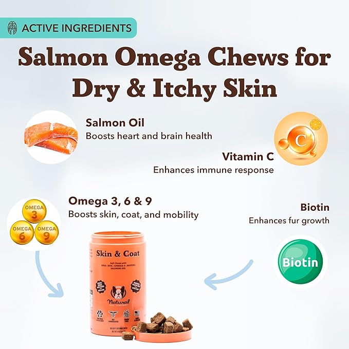 Natural Dog Company Skin & Coat Supplement Chew for Dogs – Omega 3 Salmon Oil, Biotin & Vitamin E Support Shiny Coat, Healthy Skin & Normal Shedding, Promotes Comfort from Occasional Itch, 180 Count