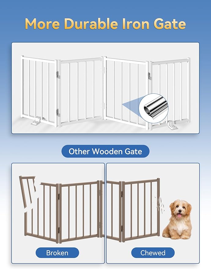 BFNN Free Standing Dog Gate, 16.5" High Short Pet Gate for Stairs and Doorways, Up to 48" Wide Foldable Puppy Fence, Indoor & Outdoor Use, No Drilling and No Assembly, for Small & Toy Dogs, White