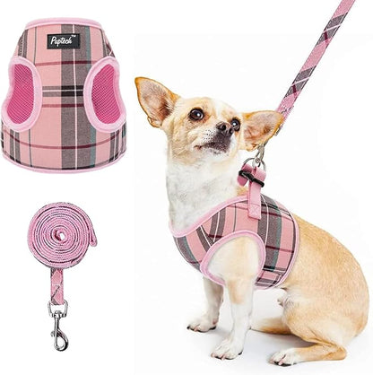 PUPTECK Soft Mesh Dog Harness and Leash Set Step-in Plaid Puppy Padded No Pull Vest Harness for XS Small Medium Sized Dogs Cats Outdoor Walking, Pink S