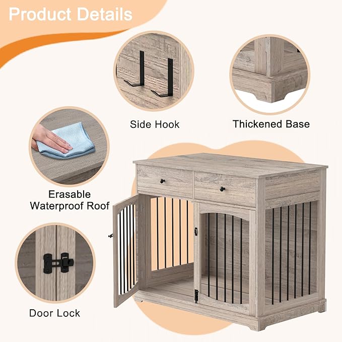 BREEZEHEAT Rustic Grey Dog Crate Furniture-40 inch Farmhouse Dog Kennel with Two Drawers-End Table Wooden Pet Crate, Decorative Dog House Indoor for Small Medium Large Dog