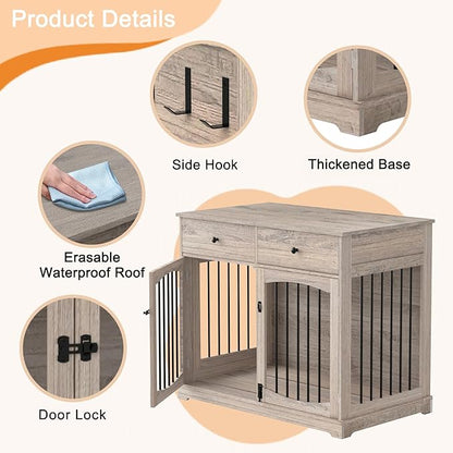 BREEZEHEAT Rustic Grey Dog Crate Furniture-40 inch Farmhouse Dog Kennel with Two Drawers-End Table Wooden Pet Crate, Decorative Dog House Indoor for Small Medium Large Dog