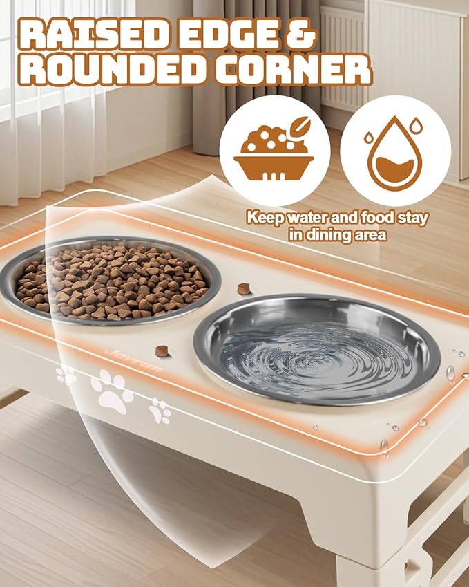 Jovrun Elevated Dog Bowls for Small Dogs and Cats, Non-Slip Cat Bowls with 2 Thick 5.5" Stainless Steel Dishes, Dog Feeder 2 Heights Adjustable to 2.6"-5.3"