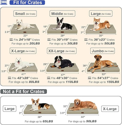 Outdoor Large Washable Dog Bed, Orthopedic Egg Crate Foam Dog Crate Mat for Large Dogs with Removable Oxford Cooling Cover, Khaki