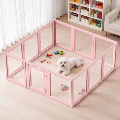DIY Clear Acrylic Dog Playpen House,Quick Easy Assembly and Disassembly,Strong Floor Suction,Indoor and Outdoor Use,Easy Cleansing Puppy Fence (Skin Pink, 23.6" H, 12PCS)