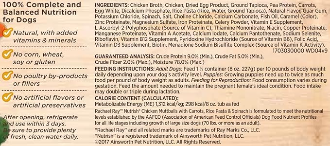 Nutrish Wet Dog Food Chicken Muttballs with Carrots, Rice Pasta & Spinach, No Corn, Wheat or Soy, 8 oz. Tub (Pack of 8) (Rachael Ray)