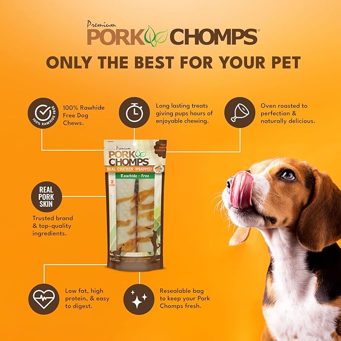 Pork Chomps Baked Pork Skin Dog Chews, 8-inch Rolls, Real Chicken Wrap, 2 Count