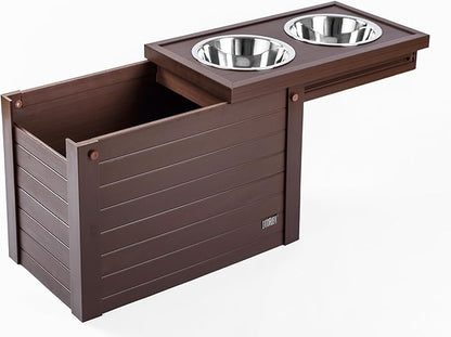 New Age Pet ECOFLEX Piedmont Fixed Height Elevated Dog Feeder in Brown, Two Bowl Design, Sliding Lid Storage, 32 oz Bowls, Space Efficient, 15-20 lbs Food Storage, Easy Clean