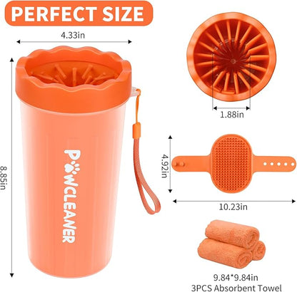 Professional 7 in 1 Dog Paw Cleaner for Dogs & Cats - Includes 1 Portable Paw Washer, 1 Bath Brush, 2 Dog Toothbrushes and 3 Absorbent Towels Note: Fits Paws 2.5 to 3.5 Inches Wide (Orange, Large)