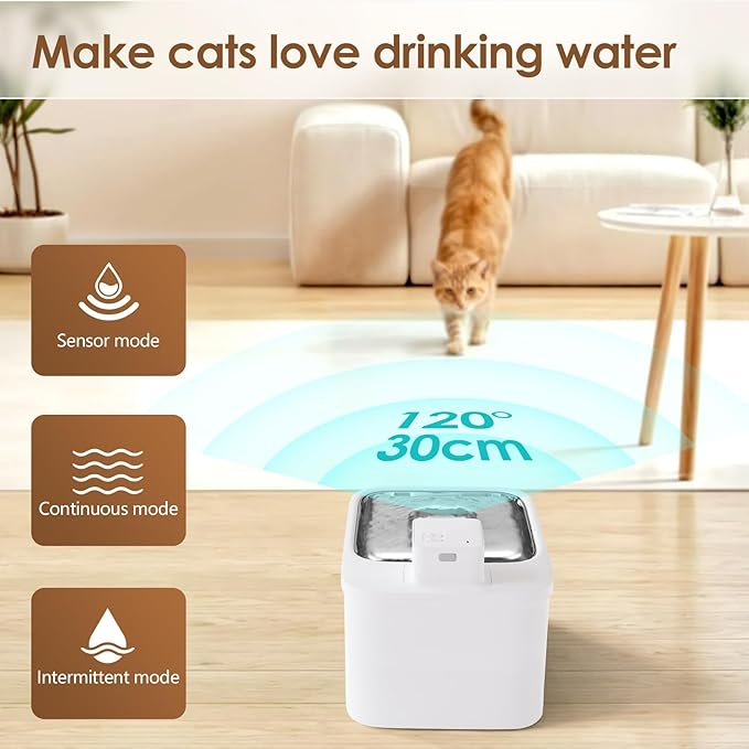 Cat Water Fountain with Stainless Steel Tray - 4L/135oz Automatic Water Dispenser for Cat, Wireless Battery Operated Drinking Fountain Bowl, Pet Water Fountain Indoor