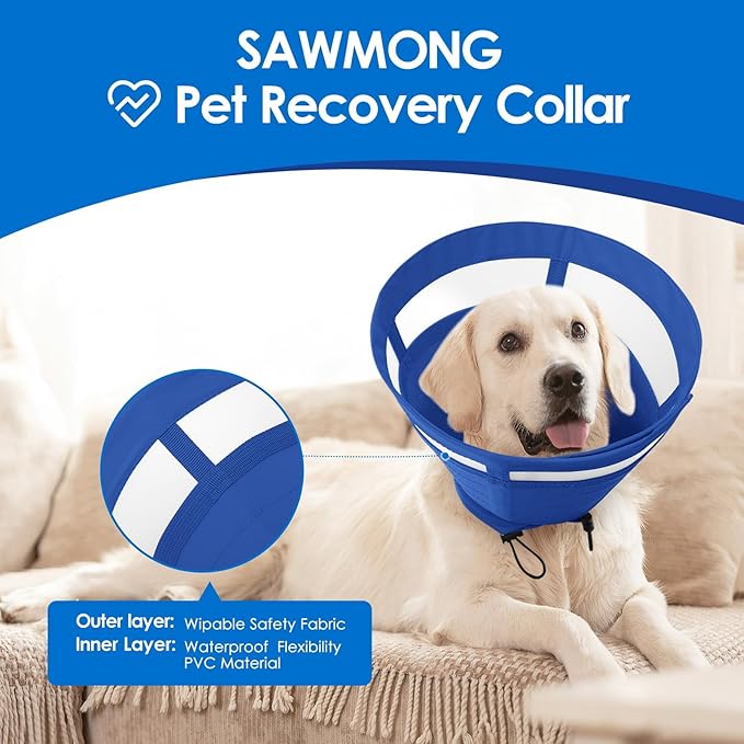 SAWMONG Soft Cone for Dogs – Large Dog Recovery Collar, Adjustable E-Collar to Stop Licking After Surgery (L, Blue)