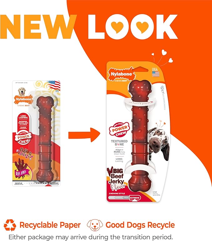 Nylabone Textured Bone Power Chew Toy for Dogs, Durable & Tough Dog Toys for Aggressive Chewers, Beef Jerky Flavor, Large Dogs - Up to 50 lbs, 1 Count
