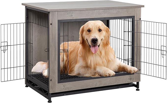 Shintenchi Wooden Dog Crate Furniture for Large Breed, L Double-Door Kennel Indoor with Removable Tray, End Table L Dog Crate for Decoration, 44.1" L, Gray