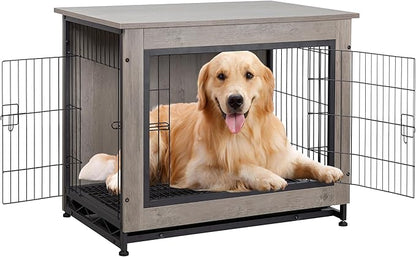 Shintenchi Wooden Dog Crate Furniture for Large Breed, L Double-Door Kennel Indoor with Removable Tray, End Table L Dog Crate for Decoration, 44.1" L, Gray