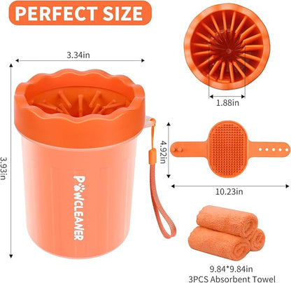 Professional 7 in 1 Dog Paw Cleaner for Dogs & Cats - Includes 1 Portable Paw Washer, 1 Bath Brush, 2 Dog Toothbrushes and 3 Absorbent Towels Note: Fits Paws up to 2 Inches Wide (Orange, Small)