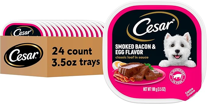 Cesar Classic Loaf in Sauce Adult Wet Dog Food Bacon & Egg Flavor, Wet Food for Dogs, 3.5 oz Easy Peel Trays, 24 Count