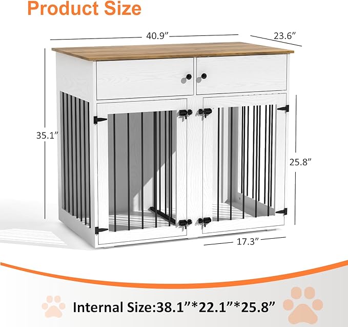 Large Dog Crate Furniture, 41 Inch Dog Kennel Indoor with Removable Divider & Double Doors, Wooden Dog Crates for 2 Dogs, Dog Crate Table for Large/Medium Dogs, White