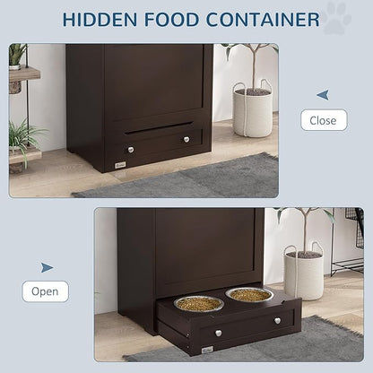 PawHut Dog Feeding Station with Raised Bowls & Storage Cabinet, Pet Feeder Cabinet Container with Hanger for Feeding & Watering Supplies, Dog Food Organizer, Brown