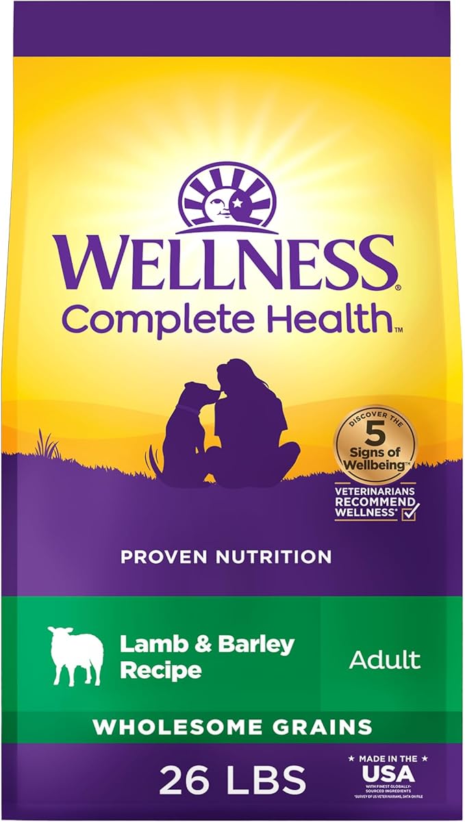 Wellness Complete Health Adult Dry Dog Food, Wholesome Grain Kibble, Natural, Lamb and Barley Recipe, 26 lb Bag