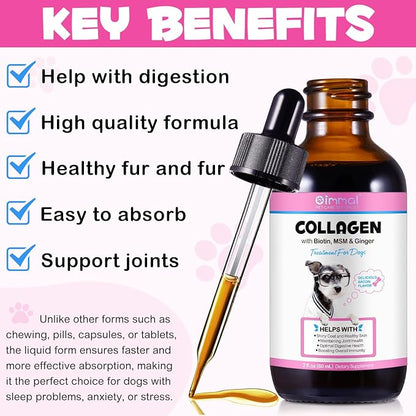 Collagen for Dogs, Dog Collagen Liquid Drops with Biotin, MSM & Ginger Digestive & Immunity Support, Itch Relief, Skin & Coat and Joint Health, Dog Supplement 60ml ﻿