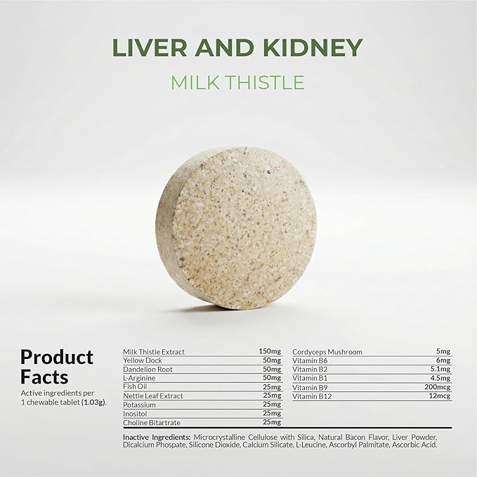 Milk Thistle for Dogs - 120 Chewable Tablets - Silymarin - Liver and Kidney Support with EPA & DHA - Detox - Liver Supplement for Dogs with Choline and L-Arginine (Milk Thistle Tablet)