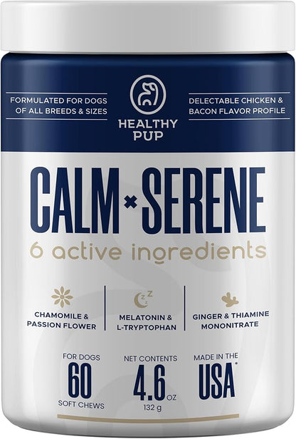 Calming Chews for Dogs with Melatonin - 60 Delicious Soft Treats for Dog Anxiety Relief for Large and Small Dogs - Includes Chamomile, Thiamine, L-Tryptophan - Promotes Rest and Relaxation