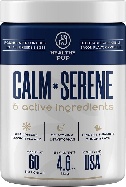 Calming Chews for Dogs with Melatonin - 60 Delicious Soft Treats for Dog Anxiety Relief for Large and Small Dogs - Includes Chamomile, Thiamine, L-Tryptophan - Promotes Rest and Relaxation