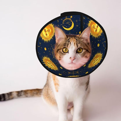 Soft Cat Cone Collar, Meet 998 Boho Chic Art Golden Sun Moon and Stars Over Blue Black Sky, Adjustable, Protective, After Surgery Recovery