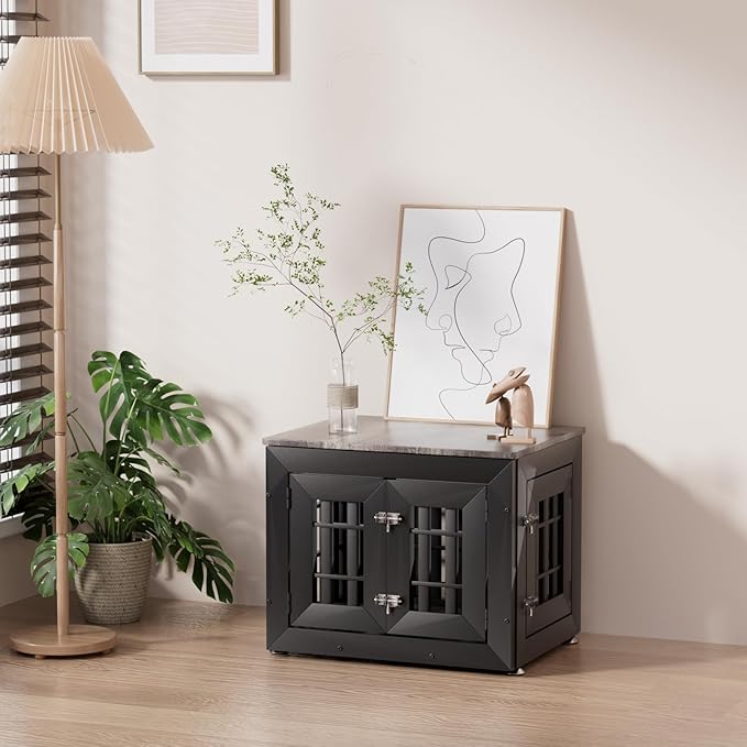 Snuowu 26" Heavy Duty Dog Crate Furniture for Small,Medium and Large Dogs,Rustic Wooden Dog Cage Kennel Indoor Furniture with Waterproof Top,Decorative Pet House Side End Table (Black & Grey)
