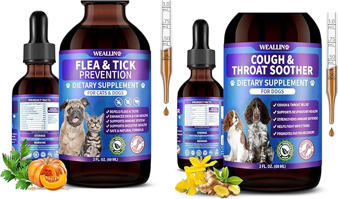 WEALLIN Flea and Tick Prevention Support for Cats and Dogs + Dog Cough Treatment Support for Dogs Pets Oral Natural Supplement Pet Care Support Drops for All Breeds and Ages