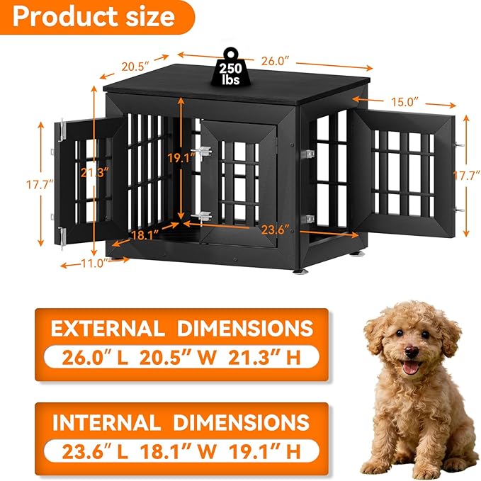 Snuowu 26" Heavy Duty Dog Crate Furniture for Small,Medium and Large Dogs,Rustic Wooden Dog Cage Kennel Indoor Furniture with Waterproof Top,Decorative Pet House Side End Table (Black)