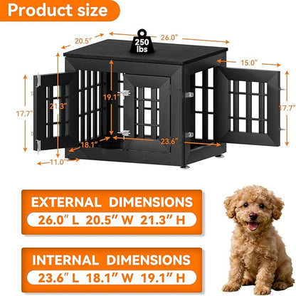 Snuowu 26" Heavy Duty Dog Crate Furniture for Small,Medium and Large Dogs,Rustic Wooden Dog Cage Kennel Indoor Furniture with Waterproof Top,Decorative Pet House Side End Table (Black)