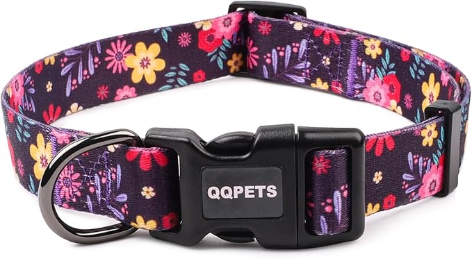 QQPETS Adjustable Soft Dog Collar: Print Flower Pink Multicolor Cute Patterns for XS Small Medium Large Pet Girl Boy Puppy Walking Running Training (S, Elegant Purple)