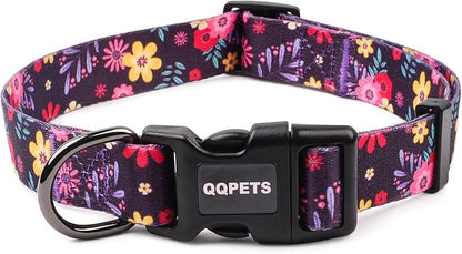 QQPETS Adjustable Soft Dog Collar: Print Flower Pink Multicolor Cute Patterns for XS Small Medium Large Pet Girl Boy Puppy Walking Running Training (L, Elegant Purple)