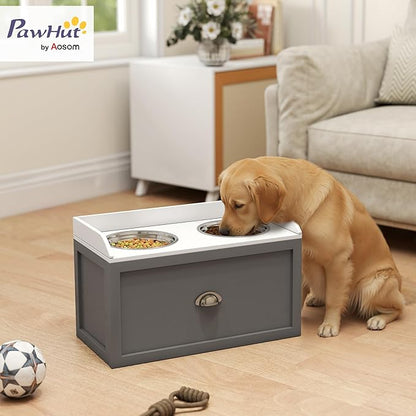 PawHut Feeding Station with Storage Drawer, Food Storage Cabinet with 2 Removable Elevated Bowls for Large Sized Dogs, Gray
