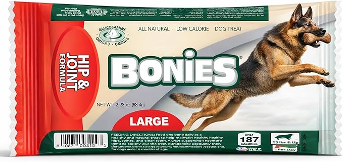 Bonies Natural Hip & Joint Formula Large-Sized Single Bone, Glucosamine & Omega Fatty Acids, Fresh Breath, Clean Teeth, Low Calories, Chicken Flavor, [Large Dog], 1 Bone
