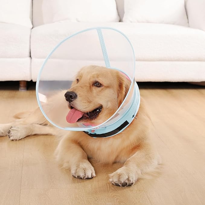 Sponge Core Dog Cone, Inflatable Dog Cone Collar Alternative, Dogs Donut Collar After Surgery, Soft Cone for Large Medium Small Dogs to Stop Licking, No Inflation Required, Clear View(Size 4, Pink)