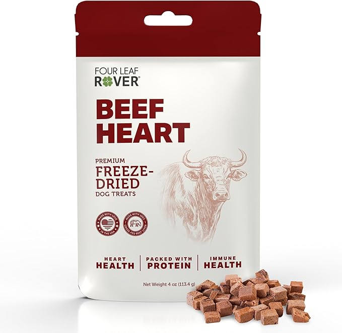 FOUR LEAF ROVER Beef Heart Dog Treats - Grass Finished New Zealand Beef Heart - Raw Freeze Dried Single Ingredient, No Additives - Made in USA - 4 Oz Bag