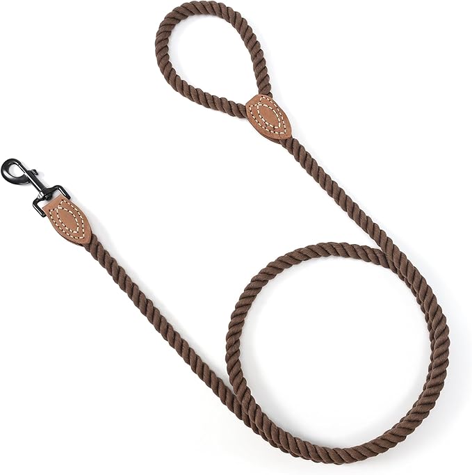 Mile High Life Dog Leash, Braided Cotton Rope Leashes with Leather Tip - Heavy Duty Metal Clasp, 6FT, 1/2" Thick - Wedding, Walking & Training Leash for Small Medium Large Dogs (Dark Brown)