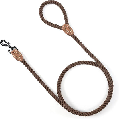 Mile High Life Dog Leash, Braided Cotton Rope Leashes with Leather Tip - Heavy Duty Metal Clasp, 6FT, 1/2" Thick - Wedding, Walking & Training Leash for Small Medium Large Dogs (Dark Brown)