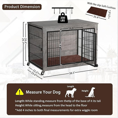 PRETZI Dog Crate Furniture with Cushion,38" Wooden Dog Crate nightstand with Double Doors, Grey Kennel Indoor with Wheels, Decorative Pet House for Medium Large Dog