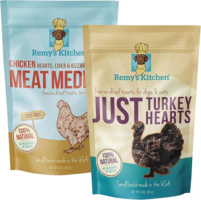 Freeze Dried Dog & Cat Treats – Turkey Hearts & Chicken Medley, Single Ingredient, All-Natural, USA Made, Human-Grade, Grain-Free, 3 oz (2-Pack)