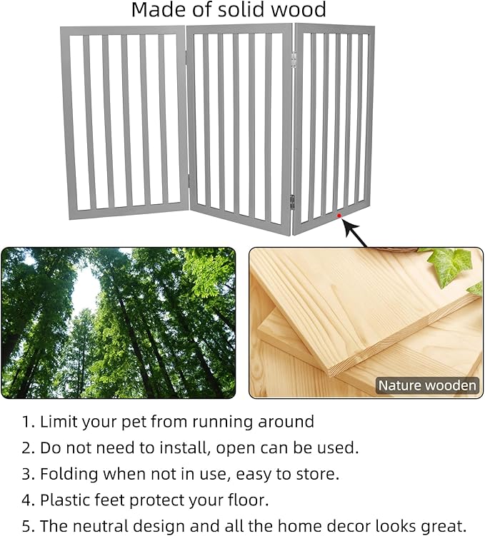 ZJSF Freestanding Indoor Dog Gate for House Foldable Wood Grey Puppy Gate for Doorways Pet Gate for Stairs Extra Wide Pet Fence 32" Height 3 Panels