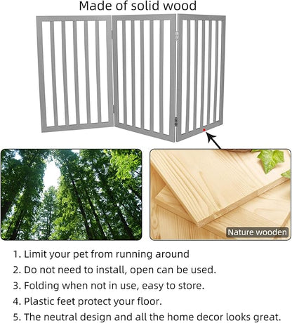 ZJSF Freestanding Indoor Dog Gate for House Foldable Wood Grey Puppy Gate for Doorways Pet Gate for Stairs Extra Wide Pet Fence 32" Height 3 Panels
