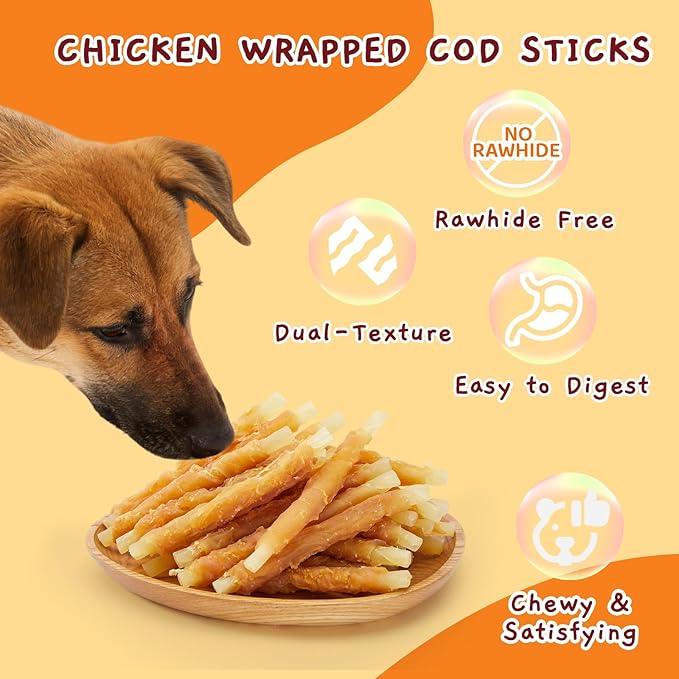 Jungle Calling 35-Count Rawhide Free Dog Treats, 4.5-Inch Chicken Wrapped Cod Sticks for Dogs, Easily Digestible Long Lasting Dog Chews, Soft & Chewy Dog Treats for Training Small Medium Dogs, 1.32 lb