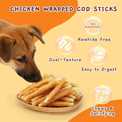 Jungle Calling 35-Count Rawhide Free Dog Treats, 4.5-Inch Chicken Wrapped Cod Sticks for Dogs, Easily Digestible Long Lasting Dog Chews, Soft & Chewy Dog Treats for Training Small Medium Dogs, 1.32 lb