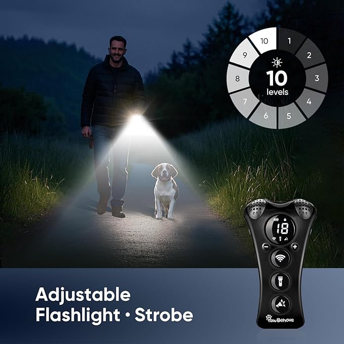 PawBehave Ultrasonic Dog Bark Deterrent Device –10-Level Adjustable Anti Barking Trainer with Flashlight, Strobe, E-Clicker(18 Whistle Sounds)–No Shock, Collar-Free Dog Behavior Correction Devices