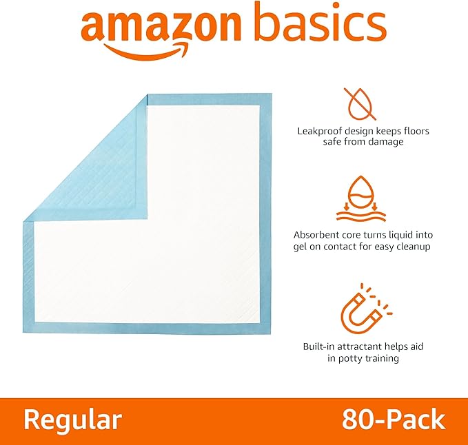 Amazon Basics Heavy Duty Dog and Puppy Pee Pads, Leak-Proof 5-Layer Ultra Absorbent, Quick-Dry Surface for Potty Training and Housebreaking, Regular Size, 24x23", Blue & White, 80 Count