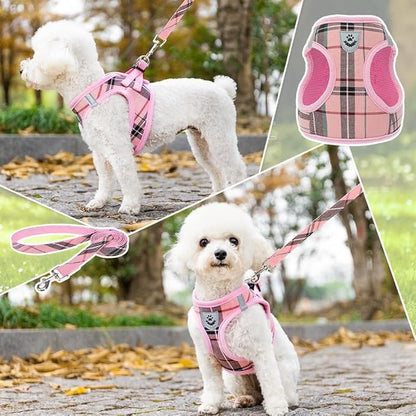 KOOLTAIL Dog Harness for Small Medium Dogs ,Dog Harness and Leash Set, Step in No Pull Soft Mesh Padded Adjustable and Reflective Pet Vest Harness Puppy, Plaid Extra Harness for XS S Dogs, Pink M