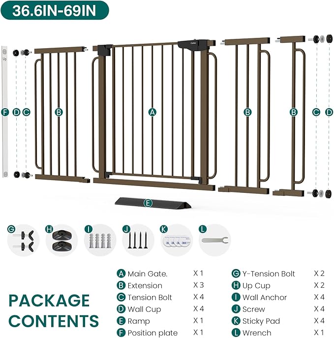 Cumbor Extra Wide Baby Gate, 36.6-69" Walk-Through Dog Gate for Stairs, Doorways & Hallways, 30.5“ Tall, Auto-Close & Dual-Swing Safety Child Gate Indoor, Easy Install Pressure-Mounted Pet Gate, Brown